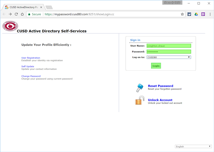 CUSD Self-Service Portal login screen 